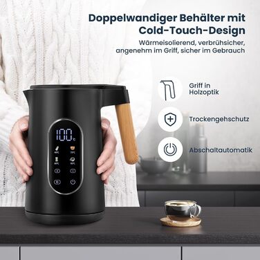 Електричний чайник VORSCH з нержавіючої сталі, 1,7 л, 2200 Вт, регулювання температури, підтримання тепла, захист від сухого кипіння, LCD-дисплей, поворотна база 360°, подвійні стінки, BPA-free, чорний з дерев'яною ручкою