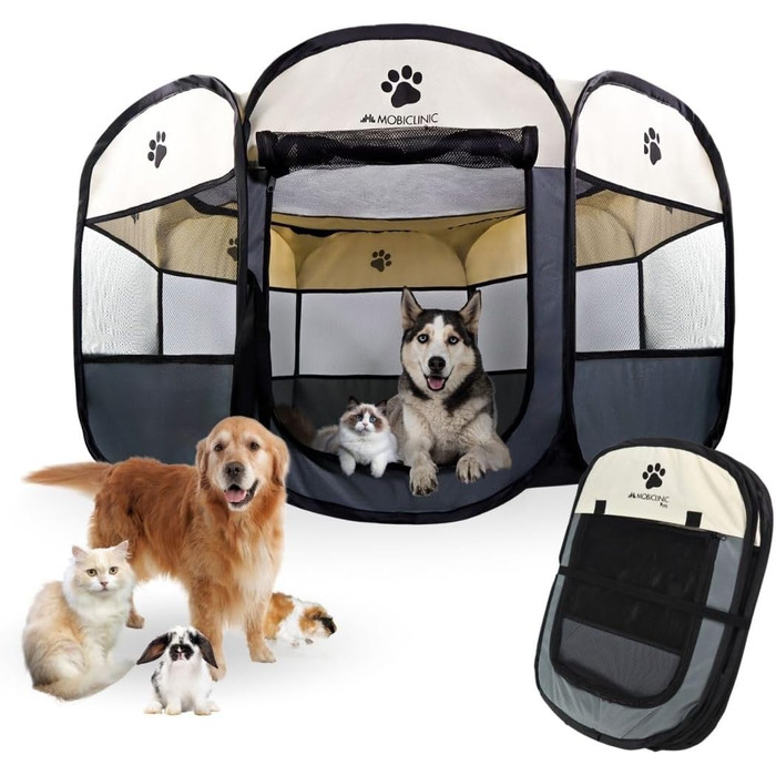 Mobiclinic® Pets: Вольєр для цуценят, розкладний, 114x114x58 см, Scooby, 2 входи, 8 вікон, сірий