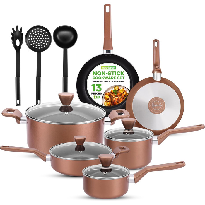 NutriChef 13-Piece Cookware Set | Non-Stick Pot and Pan Set for Induction | Pots Set for Gas, Electric & Ceramic Cooktops | PFOA-Free | Aluminum Pan Set with Ergonomic Brown Handles
