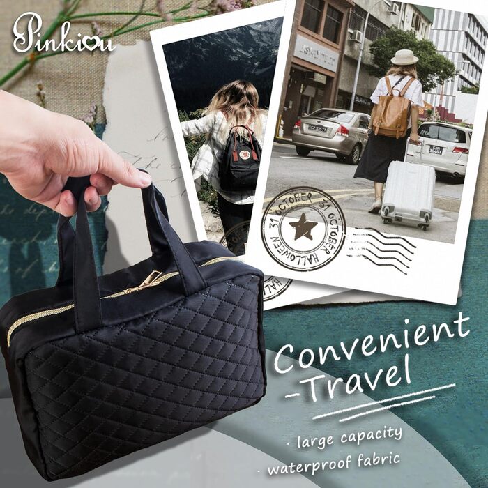 Чорна дорожня косметичка Pinkiou з гачком для підвішування, велика водонепроникна сумочка для косметики для жінок