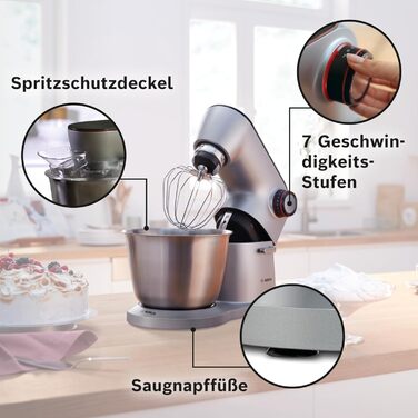 Bosch Kitchen Machine Series 8 MUM9D33S11, 5.5 L Stainless Steel Bowl, Planetary Mixing System, Professional Dough Hook, Beater, Silicone Whisk, 7 Work Stages, Continuous Slicer, 3 Discs, 1600 W, Silver