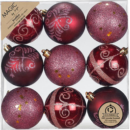 Набір ялинкових прикрас Inge-glas, 9 шт., 6 см, пластик, бордовий, з блискітками, міцні