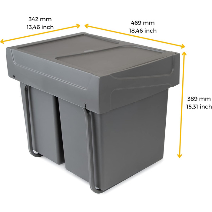 Відро для сміття кухонне Emuca з підвісною системою, 2 висувні контейнери по 20 л, загальний об'єм 40 л (2 x 20 л), сталь та пластик, антрацитовий колір