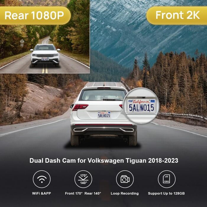 Автовідеореєстратор Fitcamx 4K UHD для VW Tiguan 2016-2024, OEM-стиль, WiFi, G-сенсор, паркувальний монітор, Plug & Play, з картою пам'яті 64ГБ (передній 2K, задній 1080P)