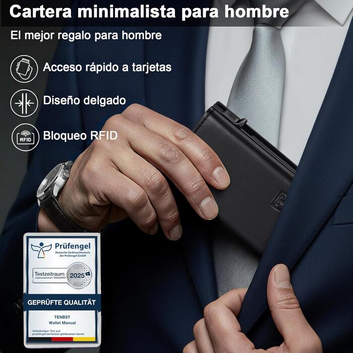 Чоловічий гаманець TENBST: тонкий, з відділенням для монет, RFID захистом, з натуральної шкіри, 8 відділень для карток, чорний