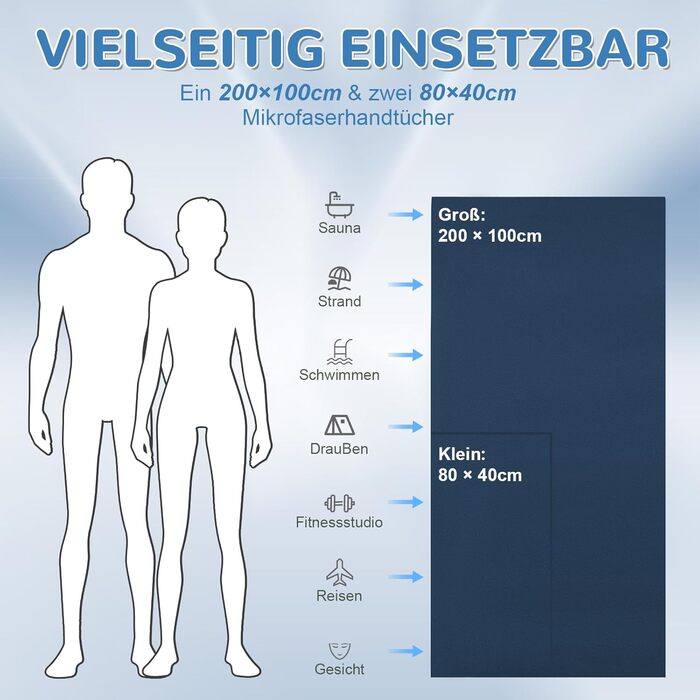 Набір з 3 рушників з мікрофібри - великий 200×100 см та 2 маленькі 80×40 см, швидковисихаючі спортивні рушники, для подорожей, ванни, фітнесу та пляжу (Темно-синій)