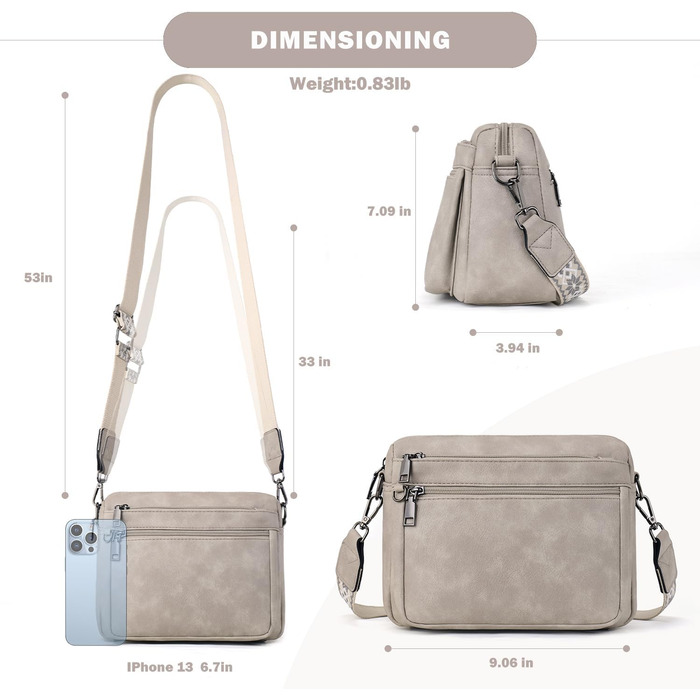 Сумка жіноча через плече MUIIKOLA середнього розміру, екошкіра бежево-сірого кольору, м'який широкий ремінь