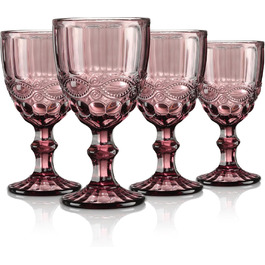 Joeyan Lila Vintage Wine Glasses with Embossed Design, Colored Relief Red Wine Glasses White Wine Glasses, Drinking Glasses, Goblet Glasses, Wine Goblet for Wine Juice Drinks, 300 ml, Set of 4, Dishwasher Safe