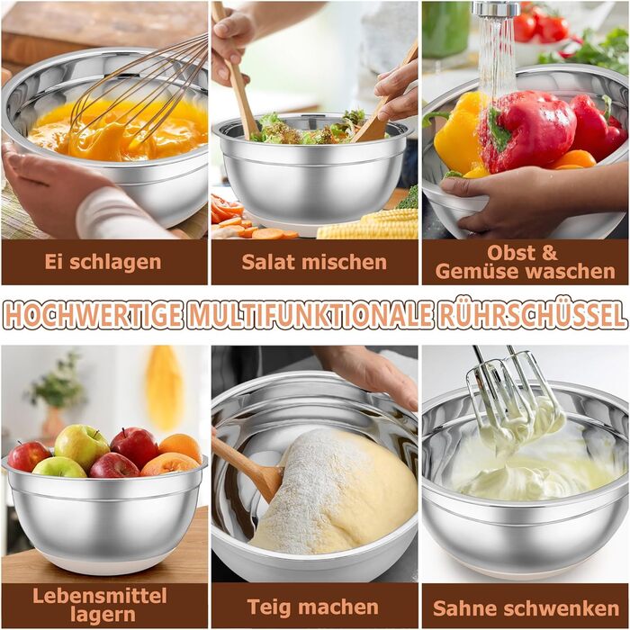 TEAMFAR Mixing Bowl Set, 7-Piece Stainless Steel Bowls Salad Bowls with Airtight Lids and Silicone Bottom, 0.7L/1.2L/1.5L/2.5L/2.8L/3.5L/6.5L, Khaki