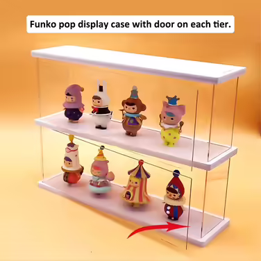 Joody Vitrine made of acrylic, Plexiglas boxes with 2 tiers, display case with door for Pop figures, minifigures, collectible toys, display storage organizer, dustproof with 2 shelves (Extended) – Original wood color (Two-layer, White)