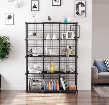 AWTATOS Regal 12 Regal Wire Cube Stackable Shelf Cube DIY Metal Grid Shelf Cube Bookshelf Cube Shelf With Doors For Living Room, Bedroom, Bathroom Black USCIH12BE