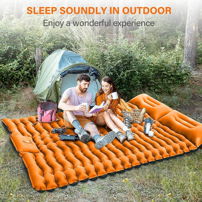 Саморозкладаючий килимок для кемпінгу Double, Ultralight Sleeping Mat, з насосом для ніг, для подорожей, туризму, намету (Помаранчевий)
