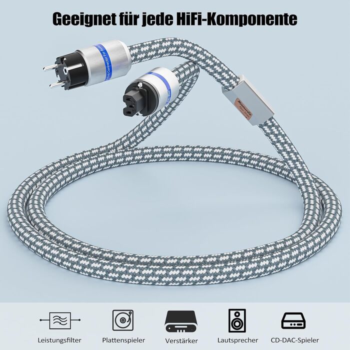 Hi-End мережевий кабель Monosaudio P083 1.5м, мідний екранований OFC Audiophil, 2-полюсний шнур живлення Schuko-IEC C15 для підсилювача, DVD, сабвуфера та декодера