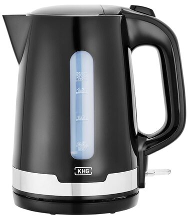 Електричний чайник KHG WK-1708 WE2 з нержавіючої сталі, 1.7 л, фільтр від накипу, індикатор рівня води, захист від сухого кип'яття, автоматичне відключення, прихований нагрівальний елемент, BPA Free, 2200 Вт (Чорний)