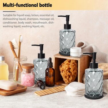 Набір з 3 скляних дозаторів для мила Omtofo, 330 мл, чорний, з нержавіючою сталею, для ванної кімнати