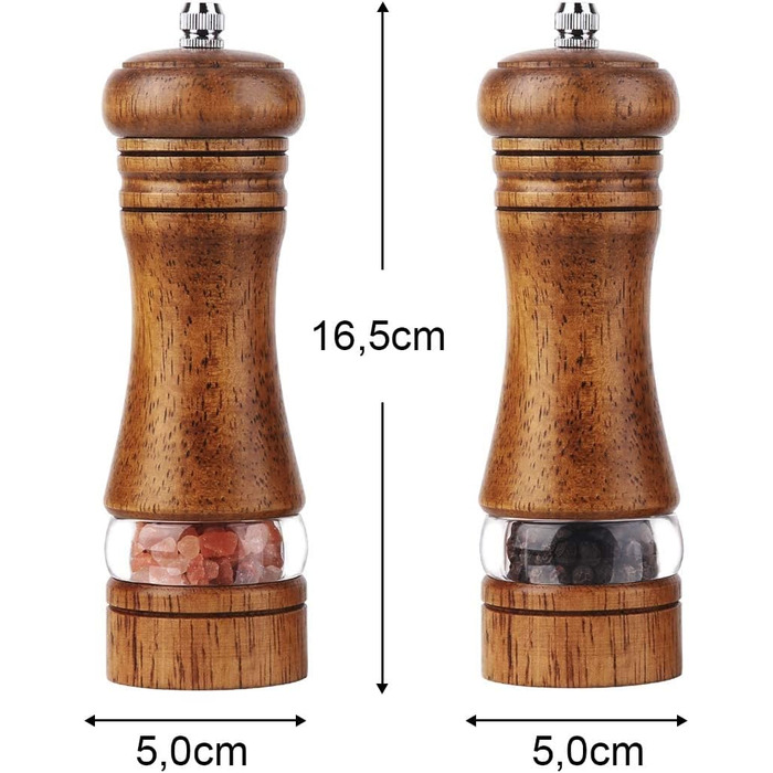 Механічна соляна млинка Pfeffermühle з дерева, набір 2 шт. з керамічним жорном, регулювання помелу, висота 16,5 см, ретро, XL