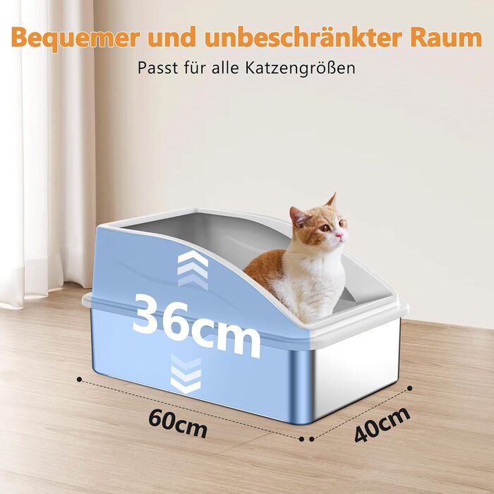 FURTIME Лоток для котів з нержавіючої сталі XXL, 42L, великий, витокозахисний, з лопаткою, 60x40x36 см (Сріблясто-сірий)