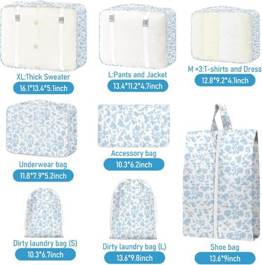 Органайзер для валізи, набір 10 шт. Packing Cubes для подорожей, аксесуари для валізи, органайзери для одягу, косметичка, набір для подорожей (Блакитний квітка)