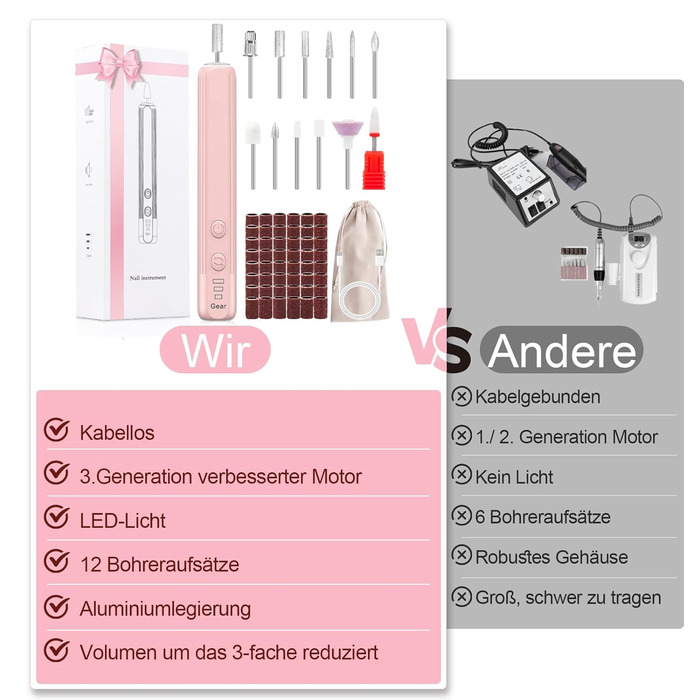 Набір електричного нейл-дриля AOMEES, портативний бездротовий апарат для манікюру з 56 шліфувальними насадками (рожевий)