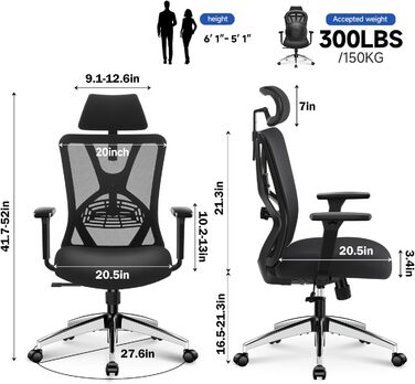 Ticova Ergonomic Office Chair - Adjustable Lumbar Support, Headrest & 3D Armrests
