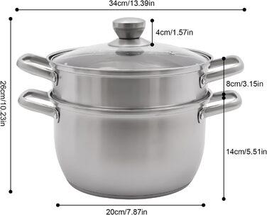 Пароварка 20 см з нержавіючої сталі з кришкою з скла, 2-рівнева пароварка, каструля для супу, пароварка для індукції, каструля для приготування на пару, каструля для овочів, риби, супу, галушок