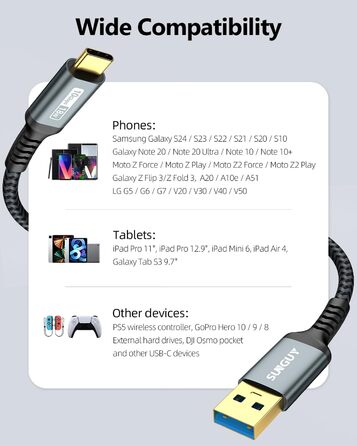 Кабель USB-C SUNGUY 30см, 10Gbps, USB 3.1 Gen 2, сумісний з iPhone 16/15 Pro Max, Galaxy S24, Google Pixel, Android Auto, Huawei P40/P30 (Сірий)