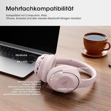 Бездротові навушники DOQAUS Bluetooth з тривалим часом роботи (70 год), Over-Ear, Bluetooth 5.4, Hi-Fi стерео, 3 режими EQ, для подорожей/телефону/ПК (Рожеві)