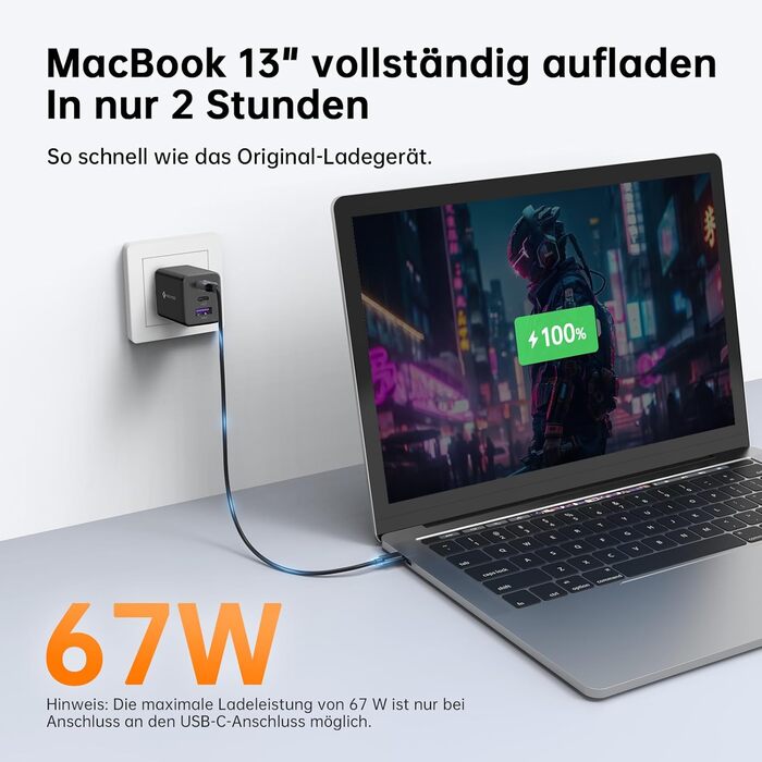 Зарядний пристрій USB-C 67W NOVOO GaN III з 3 портами, швидка зарядка для MacBook, iPad, Pixel, Samsung, iPhone, Steam Deck - Чорний