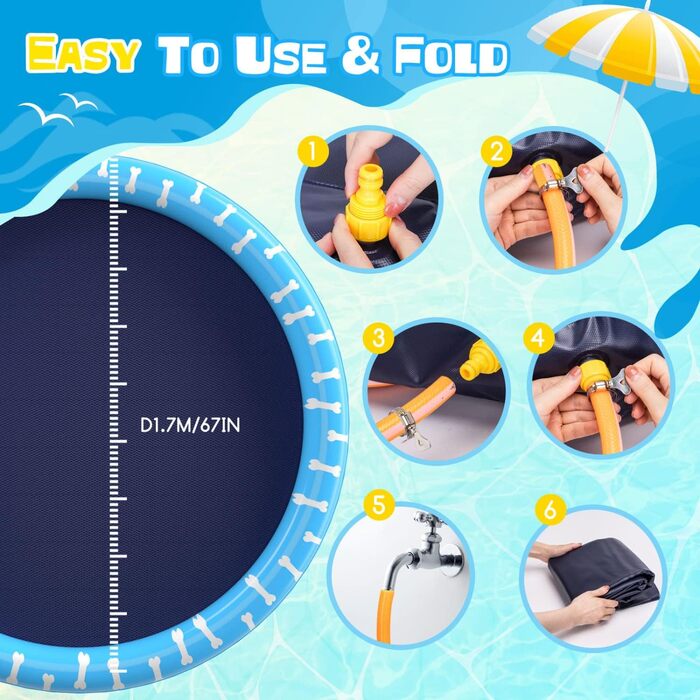 Nobleza Hundepool, D170 cm/67 in Inflatable Pool for Large & Small Dogs, 0.55mm Thickened Anti-Slip Sprinkler Mat Dog Foldable Splash Pad for Summer, Garden, Outdoors