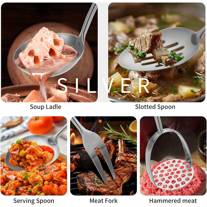 Набір кухонних аксесуарів з нержавіючої сталі 304, 12 предметів. Комплект кухонного начиння з лопаткою, половником, ложками, шумівкою, лопаткою для перевертання, щипцями (сріблястий, придатний для миття в посудомийній машині)