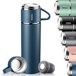 500ml Stainless Steel Thermos Flask with Cup and Handle - Leakproof Vacuum Insulated Travel Bottle for Kids, Sports (Black & Blue)