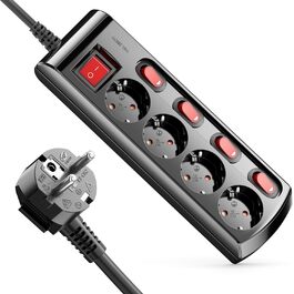 Мережевий фільтр DeleyCON з 4 розетками, індивідуальне вмикання/вимикання, 1.4м кабель, з захистом від дотику, чорний