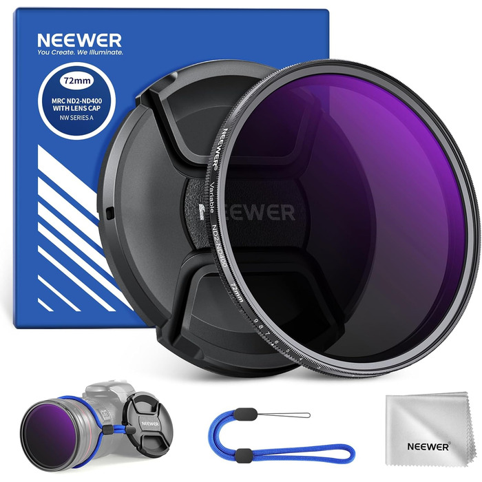 NEEWER Змінний ND-фільтр ND2-400 (1-9 Stop) для об'єктивів 72mm з кришкою, стрічкою та серветкою