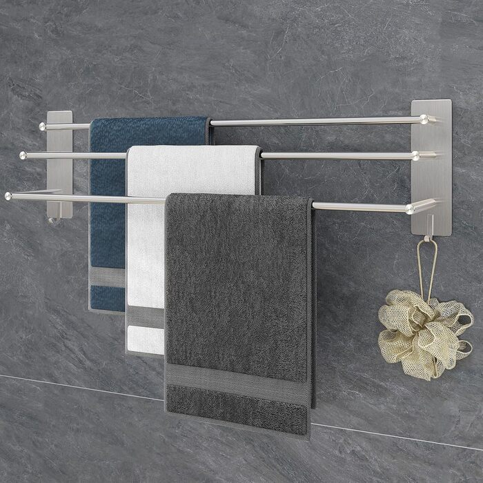 Тримач для рушників Vista з 3-ма перекладинами, 75 см, SUS304 нержавіюча сталь, без свердління, з двома гачками, сріблястий, для ванної, кухні, спальні