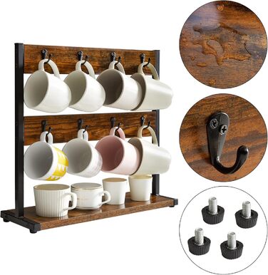 Vintage Mug Holder with 8 Hooks, Coffee Cup Holder for Countertop, Cup Stand with Storage Bottom, for Kitchen Dining Room Cafe 40 x 15 x 40 cm, TBJ002H (without shelf, Vintage Brown)