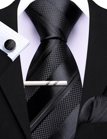 Чоловічий шовковий краватка-набір Barry.Wang з кишеньковою хустинкою та затискачем для запонок, в клітку, для урочистих подій та весілля, чорно-сріблястий