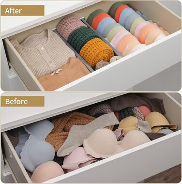 DIMJ 8-Piece Drawer Dividers Adjustable (32.6-56cm) Plastic, Closet Organizer for Kitchen Storage, Bedroom, Dresser, Light Gray