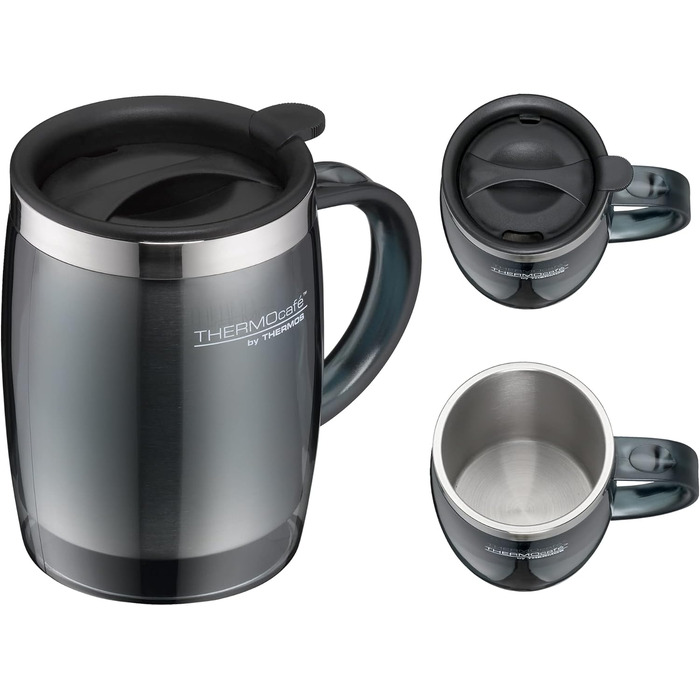 Термокружка THERMOcafé TC Desktop Cup фіолетова 0,35л, з нержавіючої сталі та пластику, з кришкою, герметична, для офісу, кемпінгу, під кавомашину (сіра)