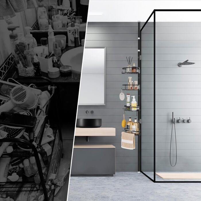 DUFU Shower Shelf Telescopic, No Drilling Required, with 4 Shower Basket, Corner, Non-Slip, Stable Bathroom Shelf Made of Metal, Height Adjustable 85-325cm, Telescopic Shelf, Black