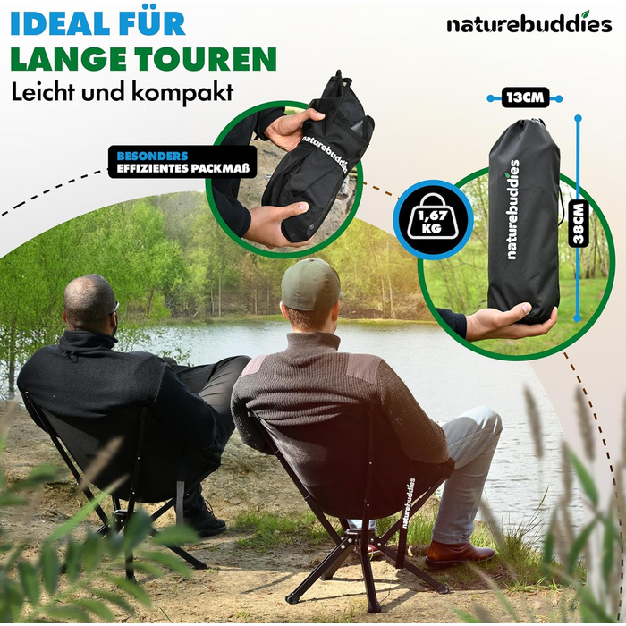 Крісло для кемпінгу Nature Buddies® Faltbar: Легке, компактне, складне (до 150 кг) | Стілець для риболовлі, відпочинку на природі, фестивалів