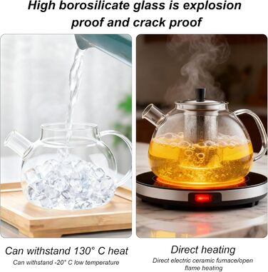 Скляний чайник з боросилікатного скла 1.5л з ситечком, підставкою для підігріву та кришкою — термостійкий чайник для листового, фруктового та пакетованого чаю, придатний для посудомийки
