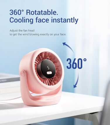 USB вентилятор TurboBreeze Rosa: потужний, портативний, з LED-дисплеєм та 5 швидкостями, 360° обертання