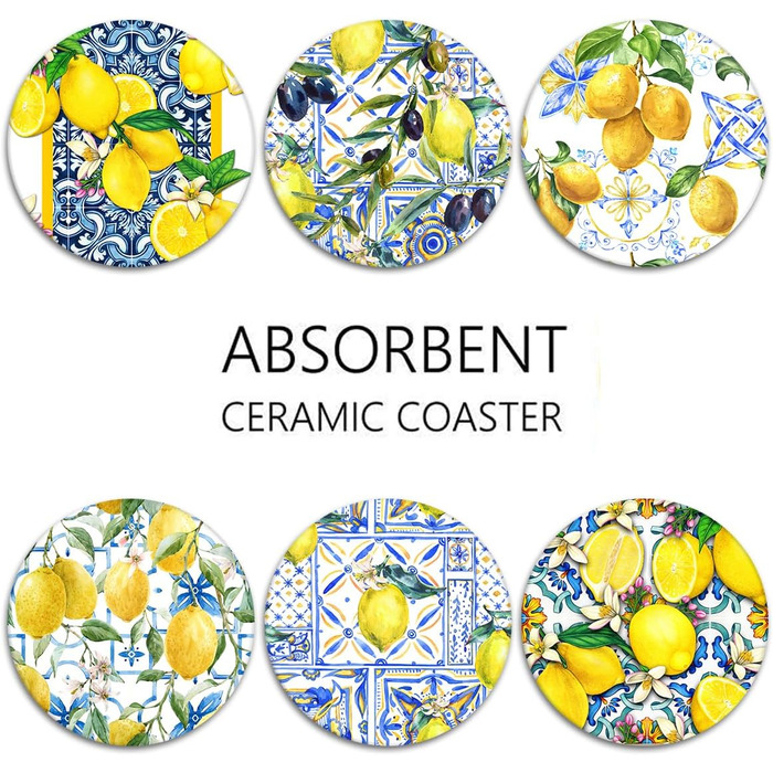 Drink coasters, set of 6, yellow lemon, fruit, blue ceramic tiles, pattern, absorbent, square, ceramic stone mat, with cork backing and metal holder, housewarming gift, (lemon)