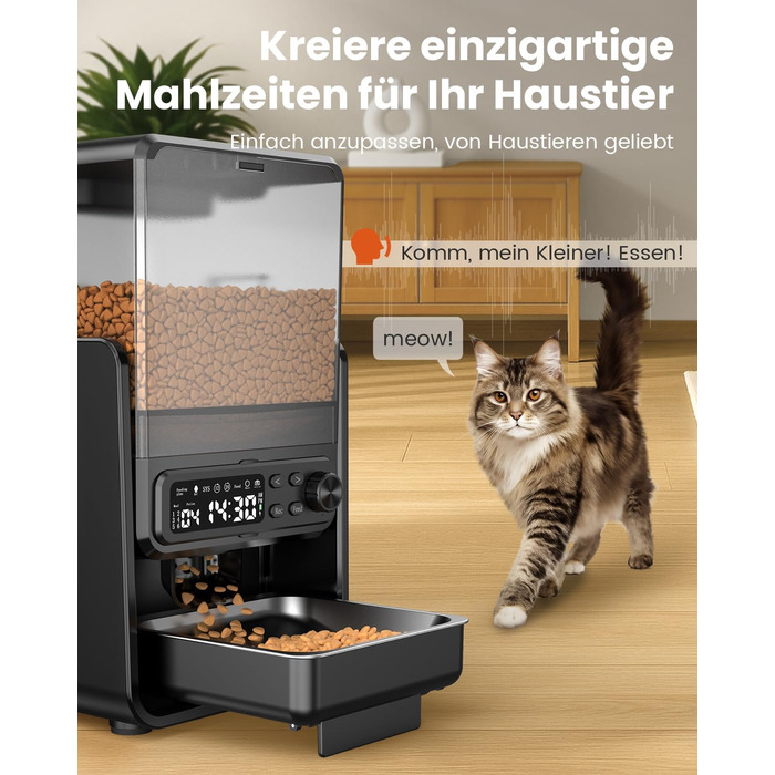 Автомат годівлі для котів з керуванням через додаток, для 2 котів, регульована висота, 2 миски, 5 л, з функцією запису голосу та таймером