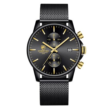 Годинник чоловічий GOLDEN HOUR стильний мінімалістичний кварцовий аналоговий з металевим браслетом, водостійкий хронограф (Новий золотий, чорний)