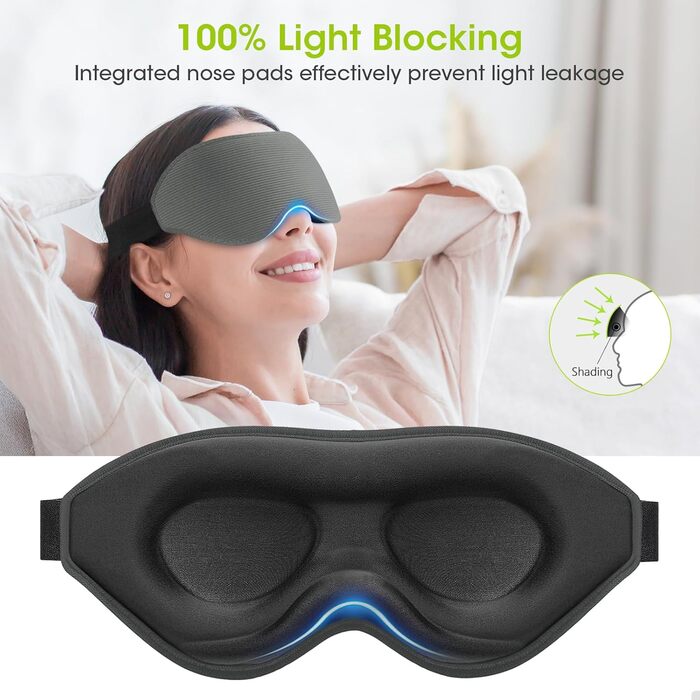 Маска для сну Laitver для тих, хто спить на боці, 2025, 3D, повна світлоізоляція, для жінок та чоловіків, зручна, дихаюча, без тиску, з регульованою гумкою, для подорожей (світло-сіра)