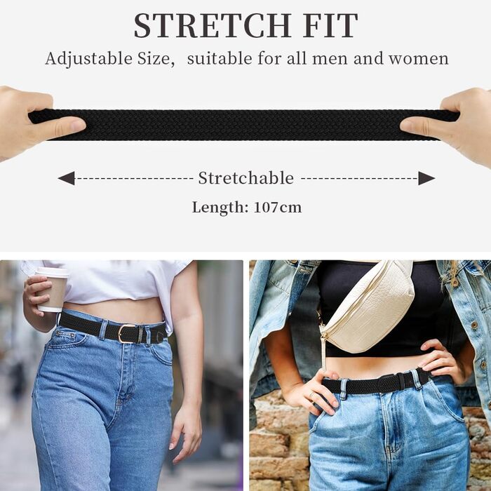 Жіночий та чоловічий тканинний ремінь Flintronic з еластичною плетенкою, ширина 3.3 см, довжина 107 см (для обхвату талії 76-115 см), колір: чорний + золото