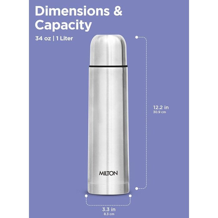 Термос Milton Thermosteel Flip Lid 1000 мл з подвійними стінками, вакуумна ізоляція, нержавіюча сталь, без BPA, з кришкою-фліпом, срібний | 1 літр, 24 години зберігання тепла та холоду