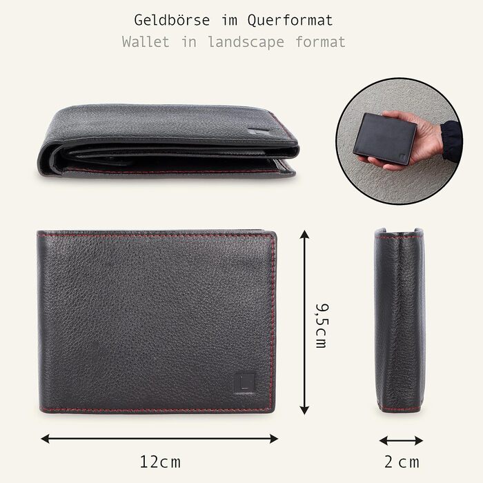 LEDEROW Wallet for Men Leather Black-Red - Crossbody Wallet including Gift Box - Men's Portofolio RFID Protection with Coin Pocket - Wallet Purse Leather Man Large (Black-Red)