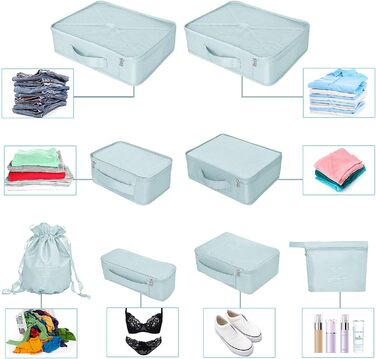 Органайзери для валізи, 8 комплектів, 7 кольорів. Набір для подорожей, водонепроникні мішки для взуття, компресійні мішки для одягу (сірий, блакитний)